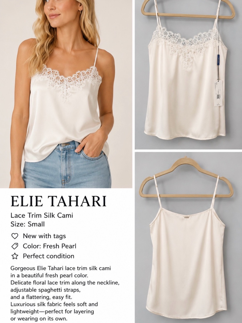 Elie Tahari Pearl Lace-Trim Silk Camisole